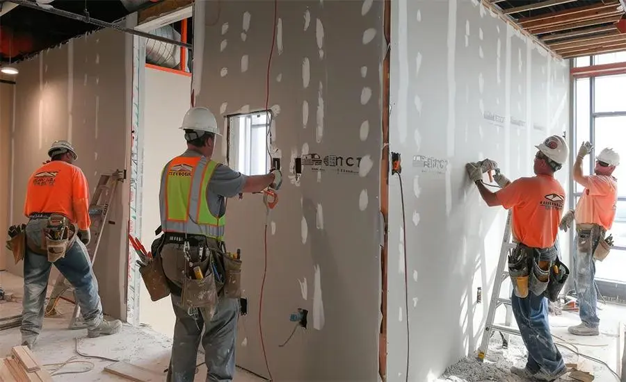 Drywall installers hanging and finishing board in a commercial interior